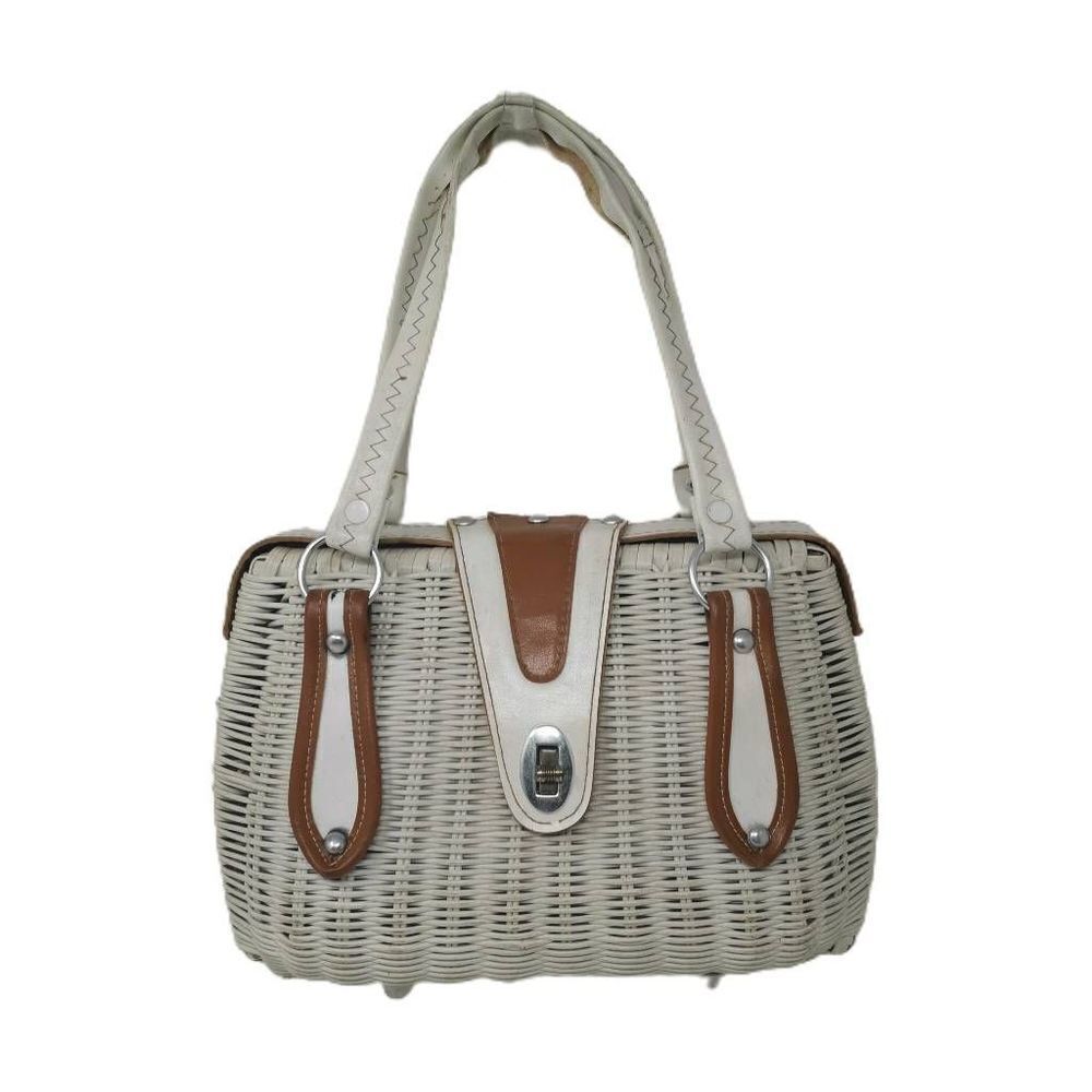 Vintage White & Tan Weaved Wicker Basket Purse | Silver Turn Lock | Le Jule